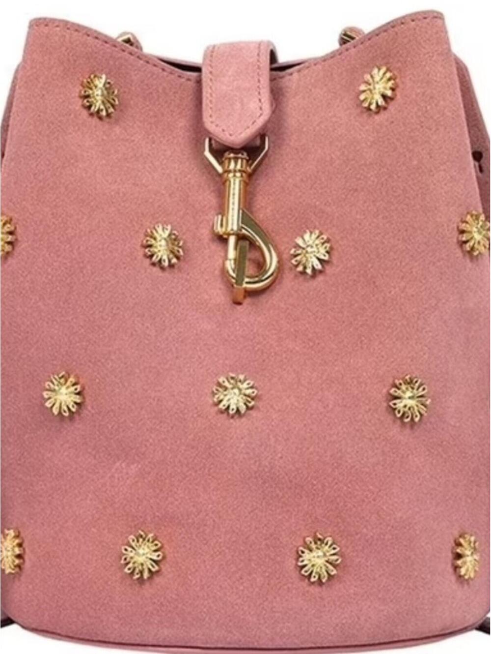 Rebecca Minkoff Pink Suede Bucket Bag with Gold Stud Accents New